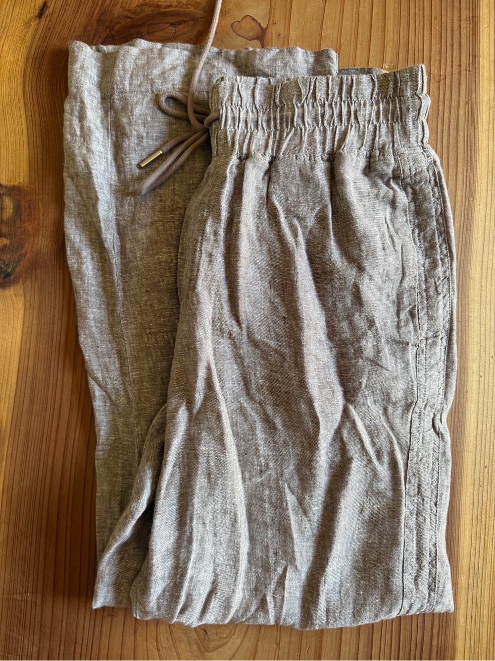 Quince Wide-Leg Linen Drawstring Pants in Taupe